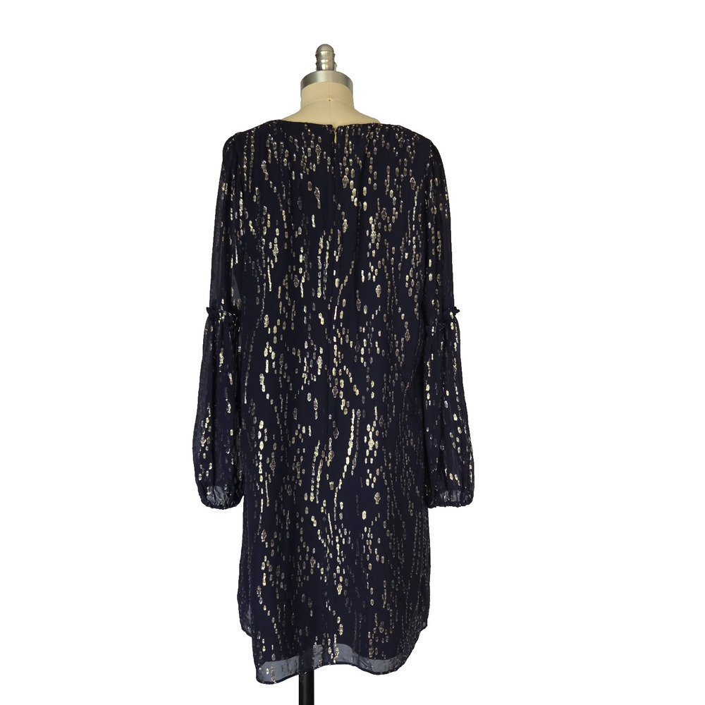 Lilly Pulitzer Cleme Long Sleeve Silk Dress Size 12 Navy Blue Metallic V Neck - Picture 10 of 10